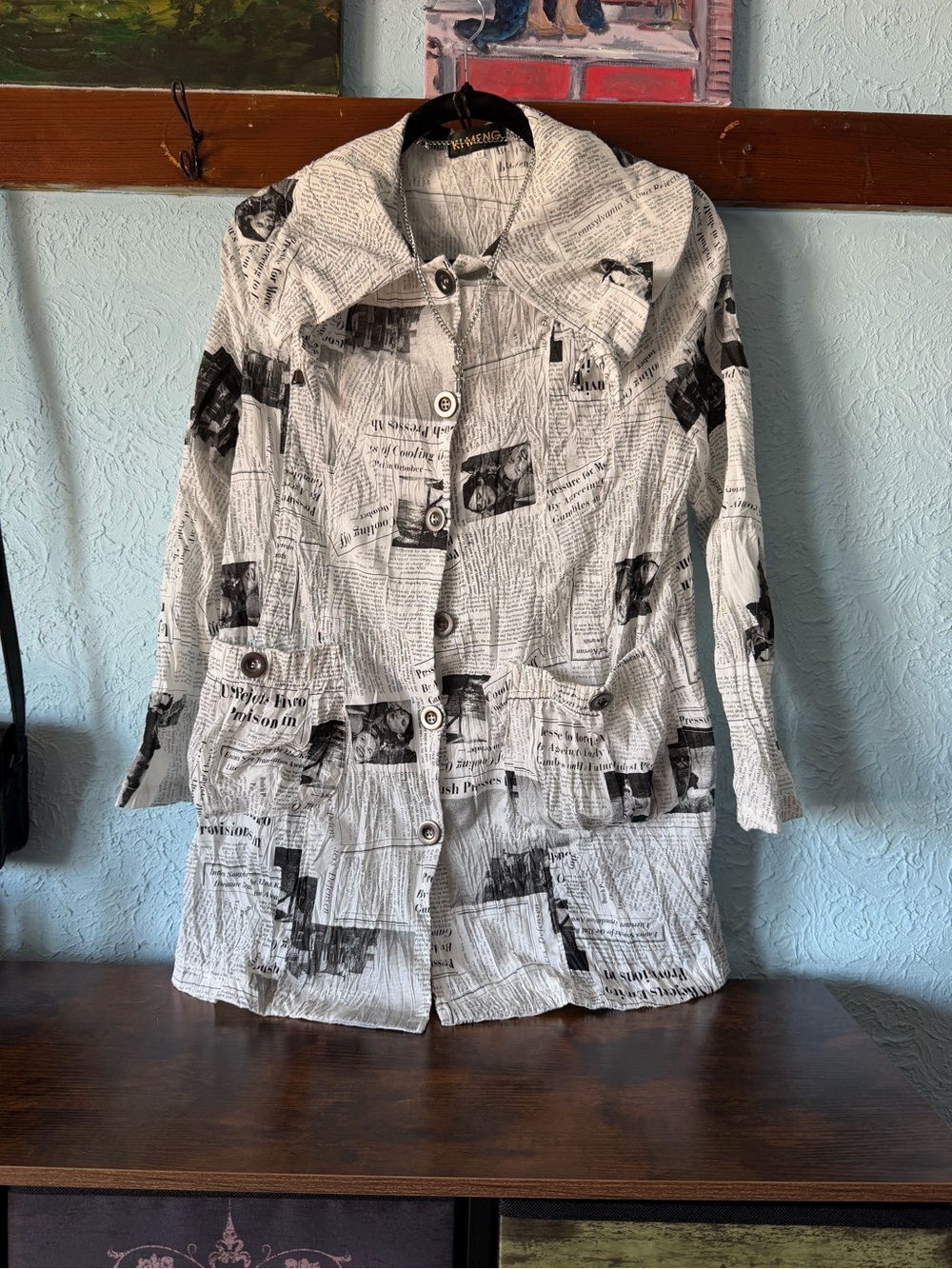 Newspaper-Print Button-Down Shirt Black & White